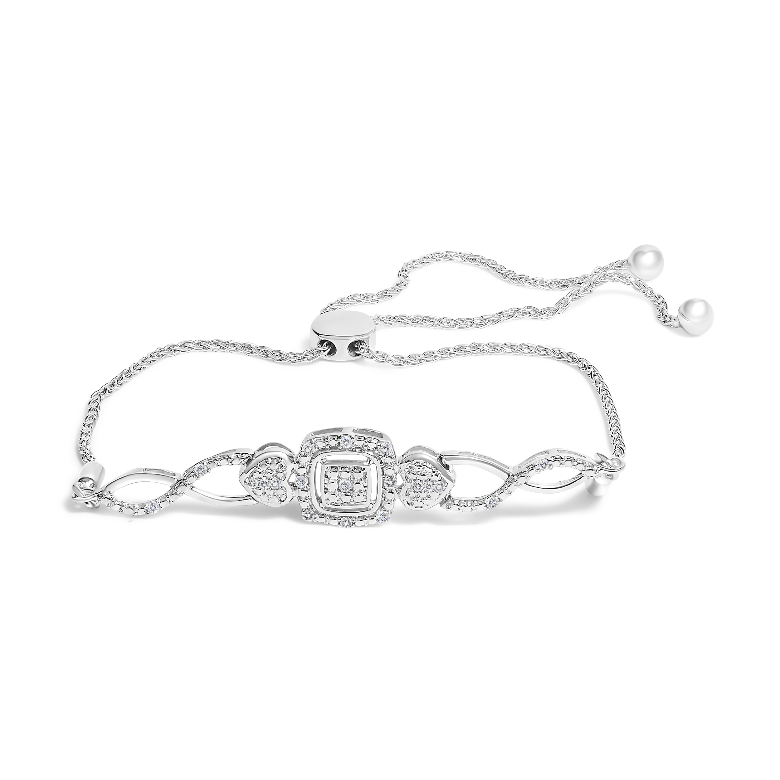 Sterling Silver Diamond Double Heart Bolo Bracelet (0.1 Cttw, H-I Color,